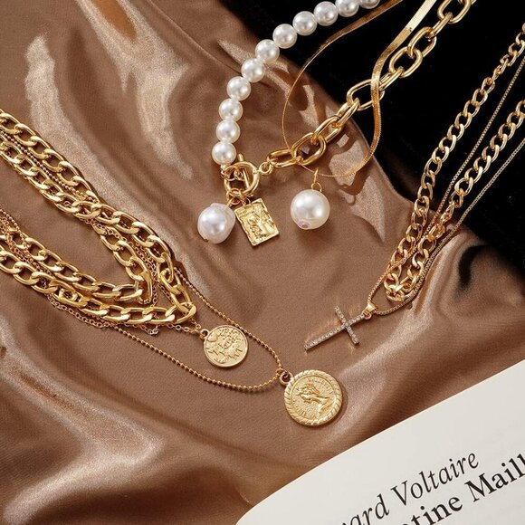 Gold Plated Jewelry Set for Women with Multi Layered Necklaces, Stackable Bracel - Picture 6 of 7